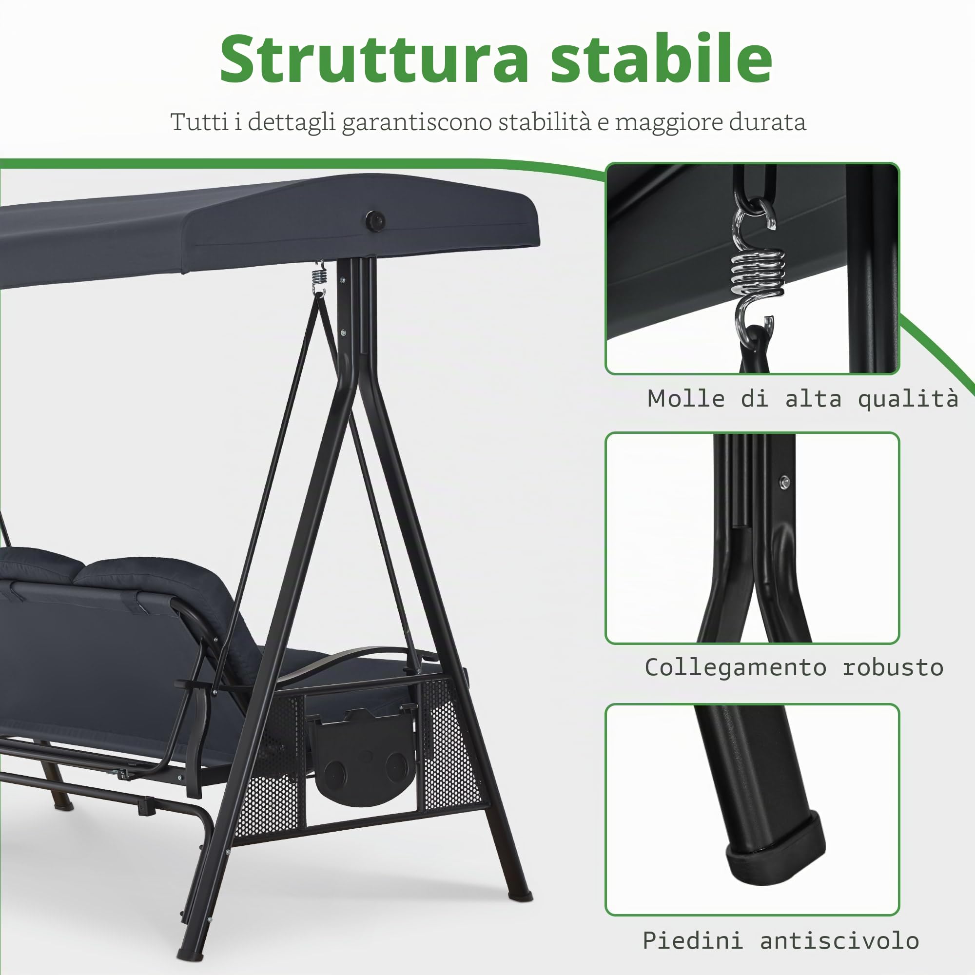 M MCombo Altalena Hollywood a 3 posti, 4093 con funzione reclinabile, tettuccio parasole regolabile e portabevande, panca per altalena da esterno resistente alle intemperie