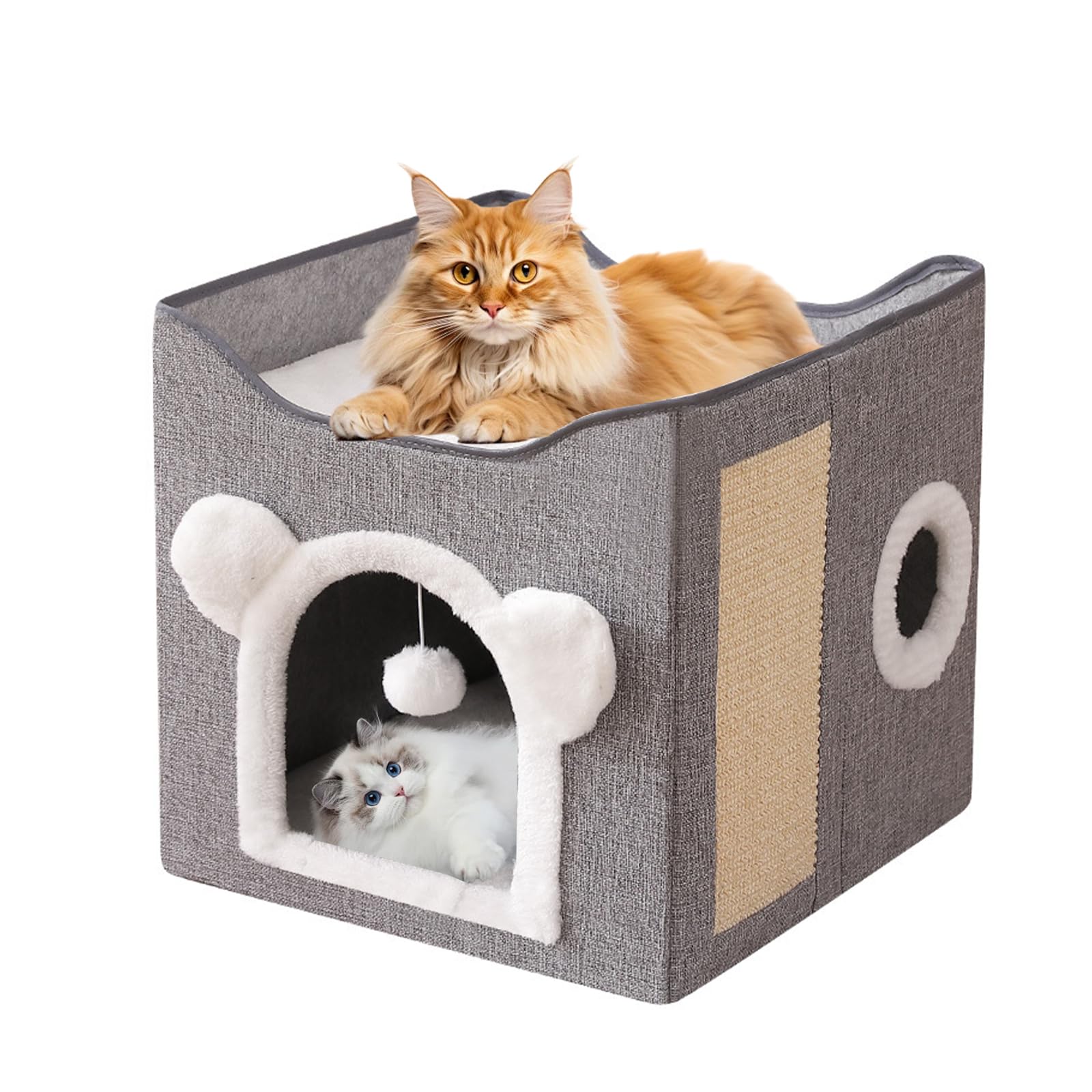 سرير قطط للقطط في الاماكن المغلقة، منزل قطط مكعب متعدد الوظائف مع لوح خدش للقطط وكرة منفوشة، سرير قطط كبير قابل للطي، 40 × 40 × 39 سم (رمادي)