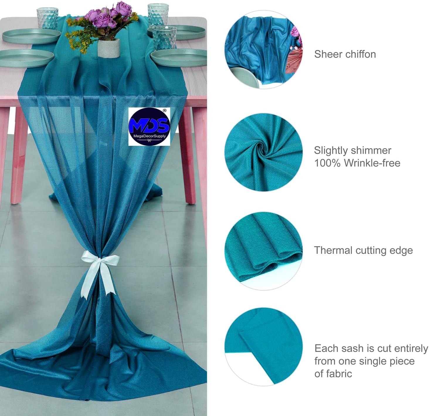 MDS 10 Pack 14ft Chiffon Table Runner 29 x170 Inches Sheer Wedding Runner Romantic Rustic Table Runner for Wedding Decorations, Birthday Parties, Bridal Shower Party Arch Decor - Dark Teal