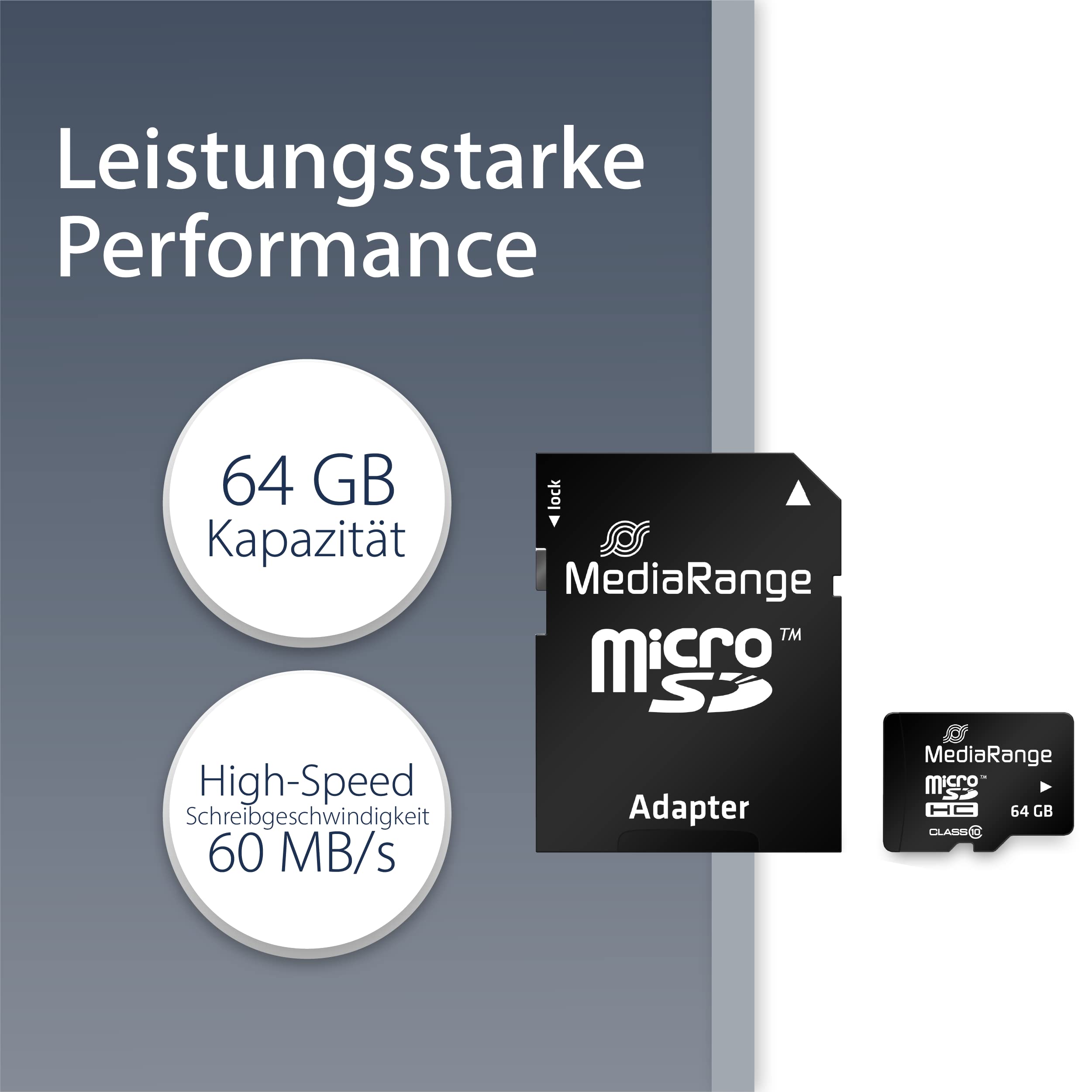 MediaRange Micro SDXC Memory Card with SD Adapter 64 GB - Speed Class 10, Read Speed up to 60 MB/s, External Data Storage for Mobile Devices such as Digital Cameras or Smartphones