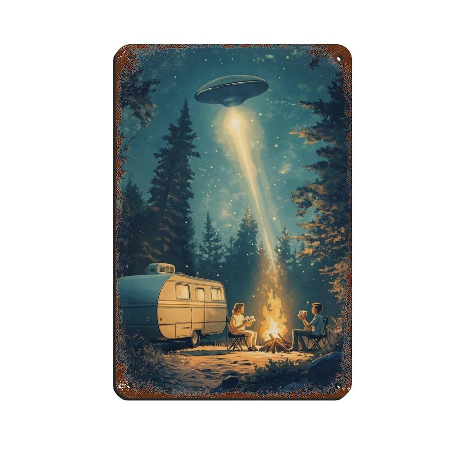 Vintage UFO Camping Scene Poster Tin Sign Vintage Metal Pub Club Cafe Bar Home Wall Art Decoration Poster Retro 8x12inch(20x30cm)