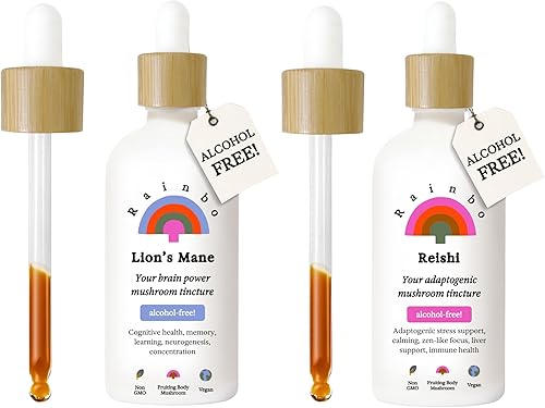 Rainbo Paquete de salud cerebral sin alcohol, extracto de hongo melena de león + tintura de hongo Reishi, tinturas diarias de hongos de extracto