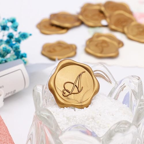 Miniatura 3 de SWANGSA Paquete de 50 calcomanías de sello de cera con letra A, diseño de corazón dorado antiguo, calcomanías de cera con inicial, invitación de