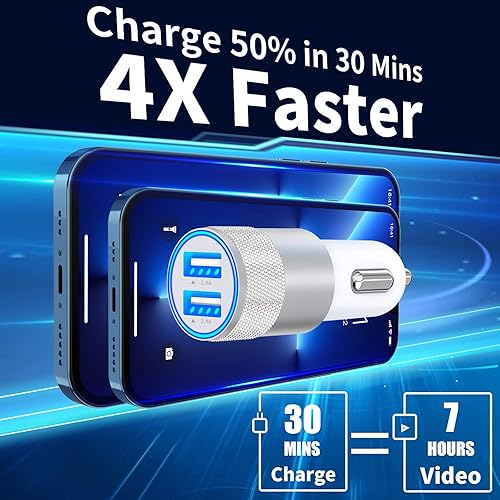 Miniatura 3 de 【MFi Certified】iPhone Car Charger Fast Charging, Rombica 4.8A Dual USB Smart Power Cigarette Lighter USB Car Charger with 2Pack Lightning Cable for