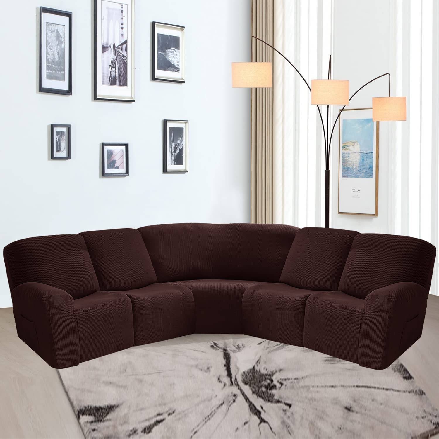 OKYUK 5 Seat Recliner Sofa Covers 7 Piece Jacquard Stretch Soft 5-Seat Corner Reclining Sofa L-Shaped Sectional Couch Slipcovers Furniture Protector (Brown)