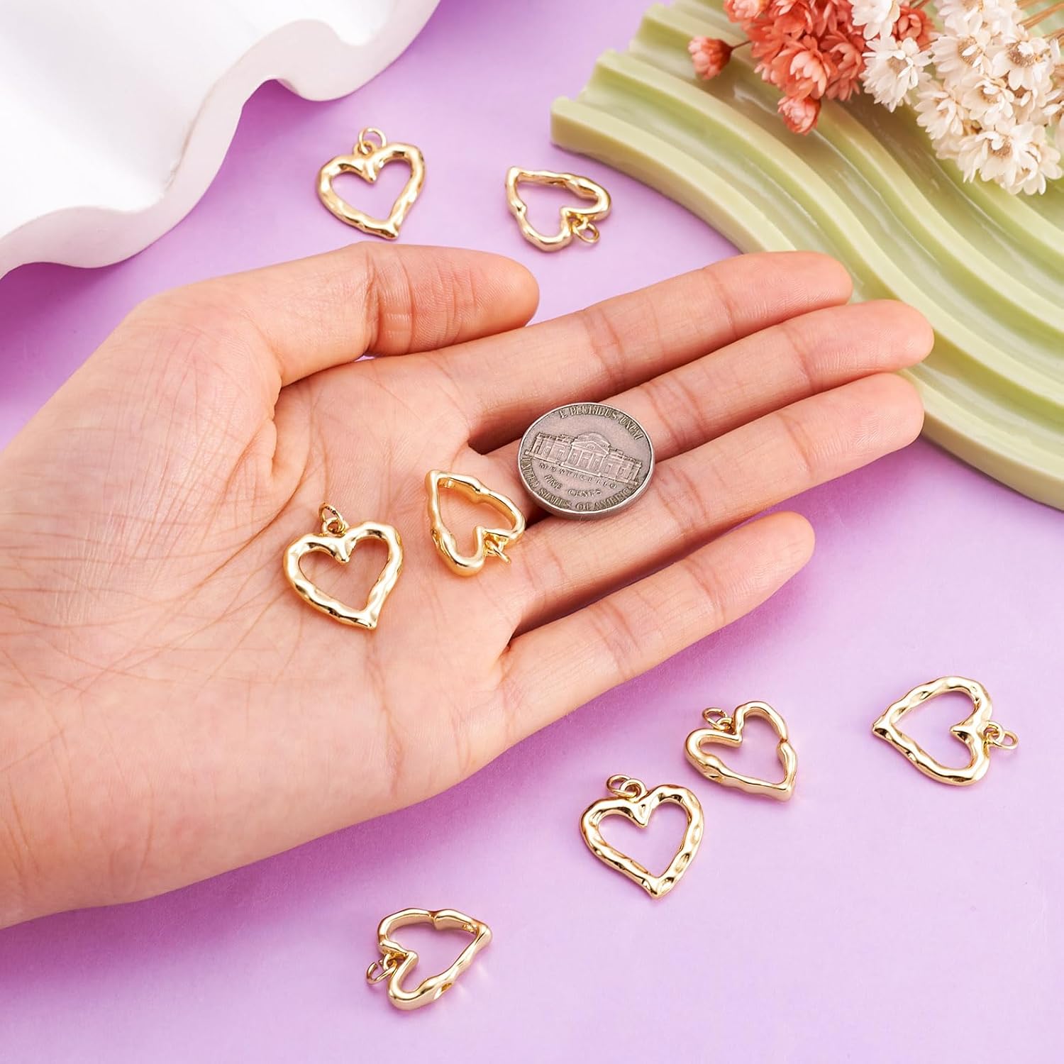 FASHEWELRY 8Pcs 18K Gold Plated Heart Charms Golden Brass Heart Pendants Hollow Dangle Bezel Charms for Valentine's Day DIY Earring Necklace Bracelet Jewelry Making - Image 6