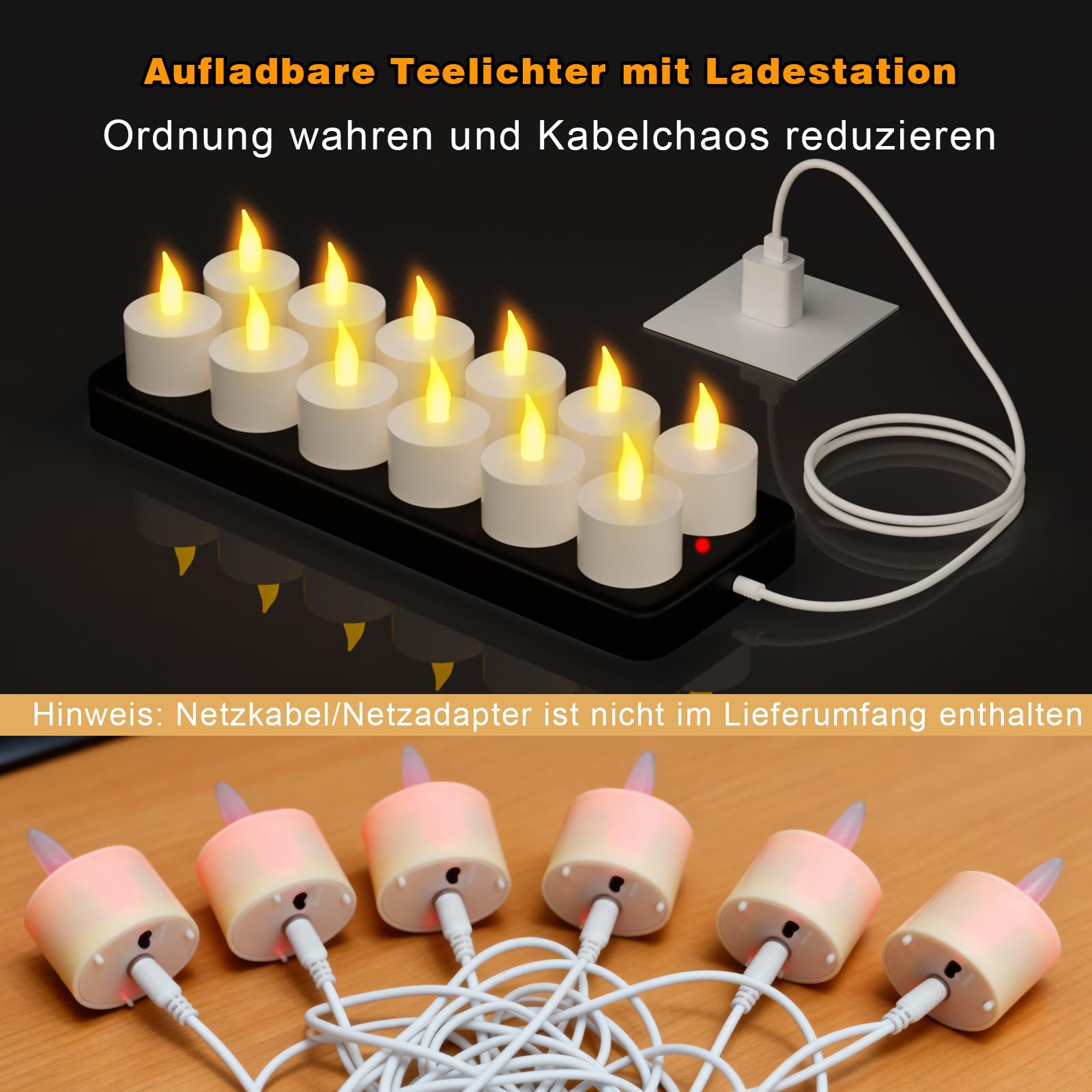 Velas de té recargables con función de temporizador y estación de carga, 12 velas LED recargables, parpadeantes, con mando a distancia, temporizador para habitaciones, salón, Halloween, Navidad