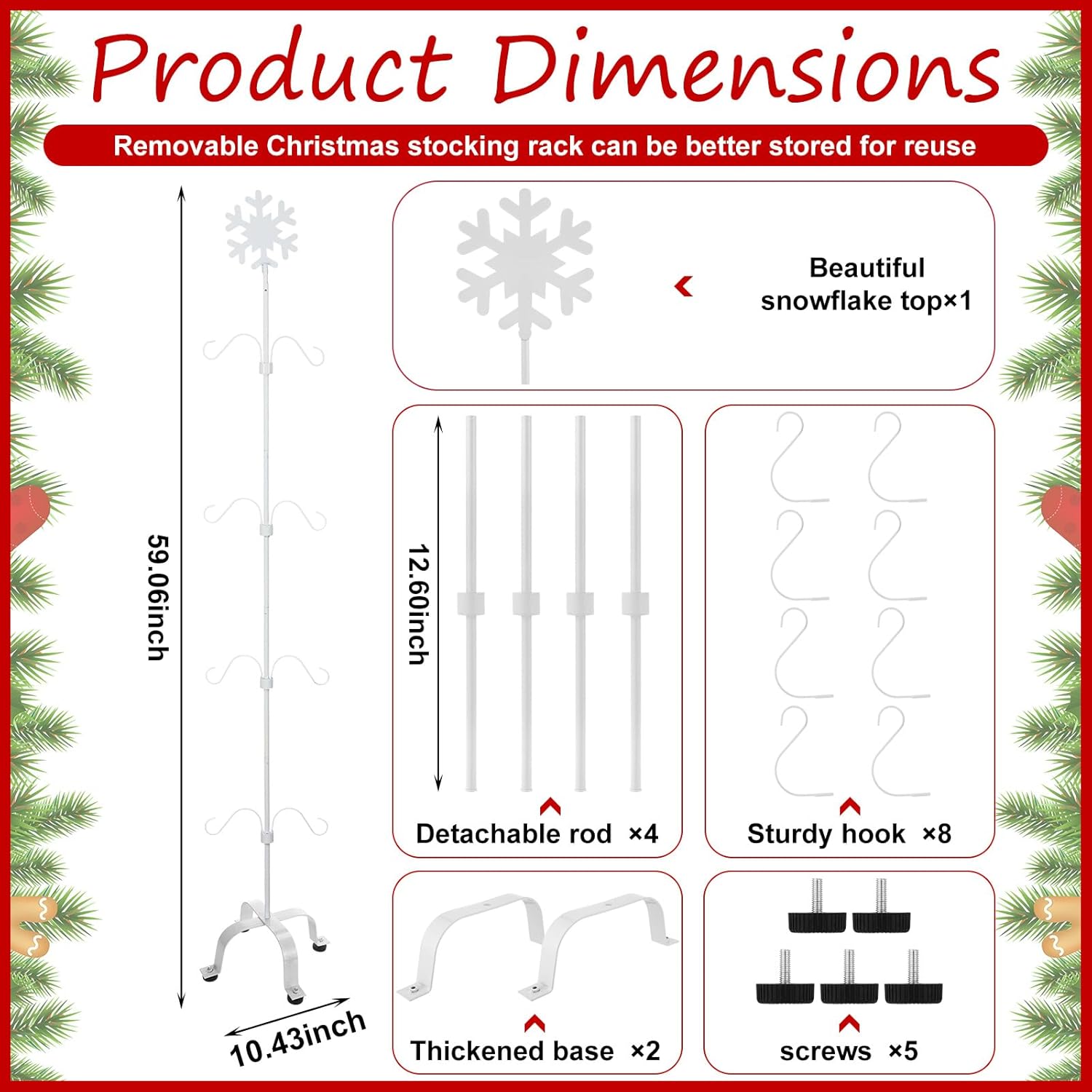 Tandefio Freestanding Christmas Stocking Holder 59 Inches Adjustable Metal Christmas Stocking Tree Stand Rack with 8 Hooks for Holiday Decorations Christmas Stocking Indoor (Snowflake,White)