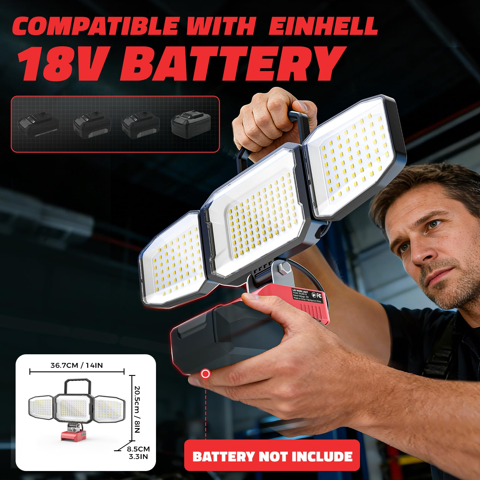 LIVOWALNY Lampada a batteria compatibile con Einhell 18 V, 15000 lm, luce bianca diurna 6500 K, testa orientabile, connettore USB-C, 2 modalità di illuminazione, lampada da officina portatile, senza