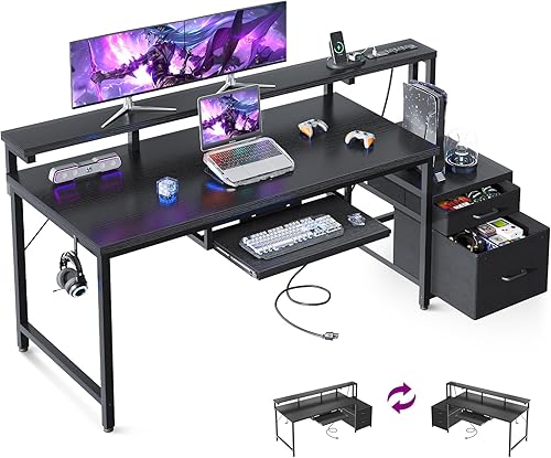 AODK Escritorio para computadora con cajones y bandeja para teclado, escritorio de oficina de 63 pulgadas con toma de corriente, escritorio de