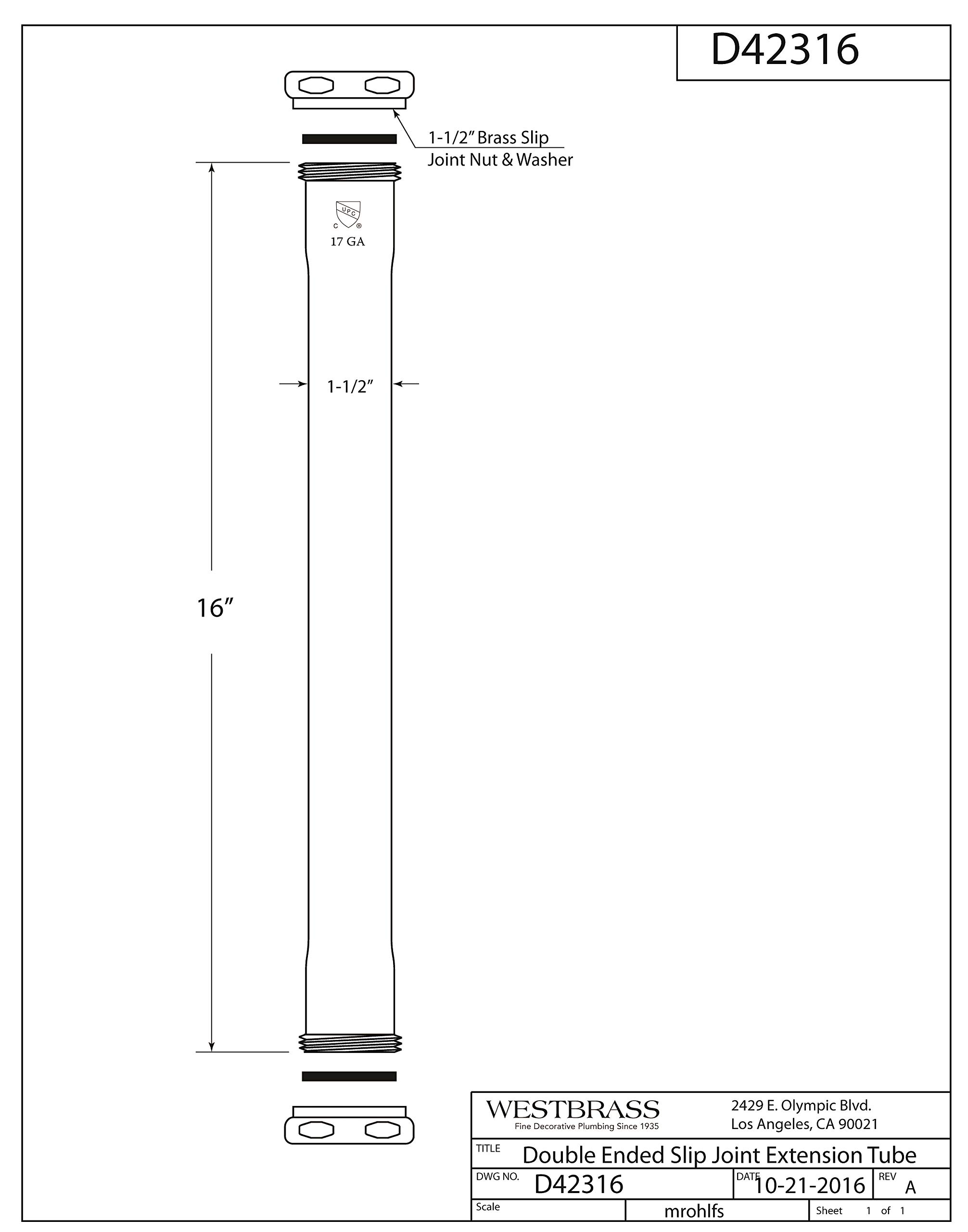 Westbrass D42316-62 1-1/2" x 16" Double Ended Slip-Joint Extension Tube, Matte Black
