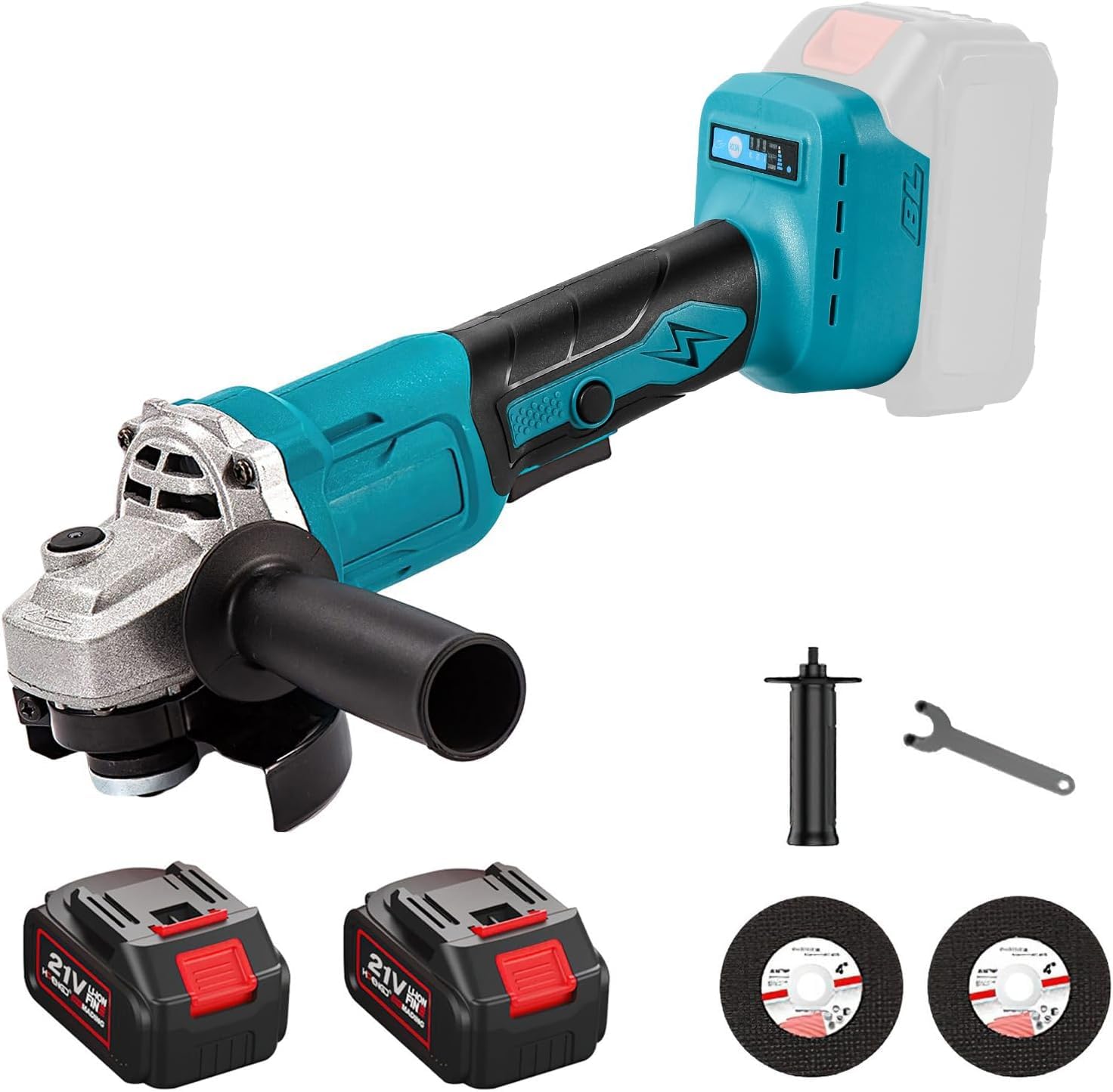 Angle Grinder 1000W (125 mm, 13,000 rpm). Grinder with 2 x 4000 mAh Battery and Charger, Auxiliary Handle and Includes 2 Grinding Discs, for Cutting, Roughing and Polishing Metal, Stone, Wood