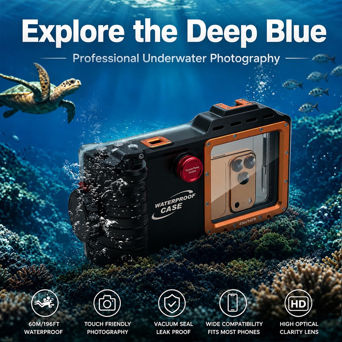 AICase Funda para teléfono móvil profesional de buceo, 45 m, resistente al agua para teléfonos móviles | Para buceo, natación y esnórquel, cámara de fotos y vídeo, compatible con iPhone, Samsung, Xiaomi y Google Pixel