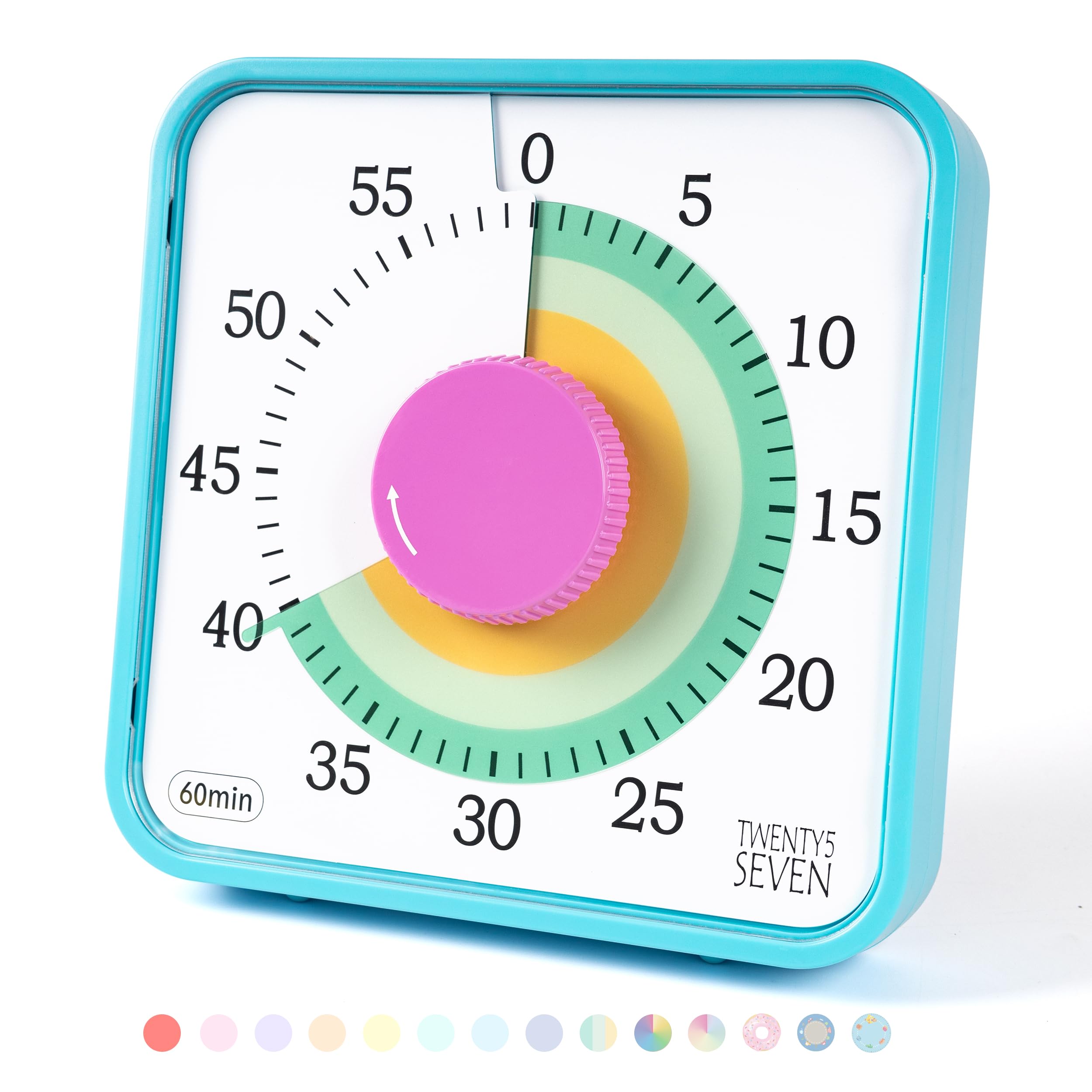 TWENTY5 SEVEN Countdown Timer 7.5 inch; 60 Minute 1 Hour Visual Timer – Classroom Teaching Tool Office Meeting, Mechanical Countdown Clock for Kids Exam Time Management Magnetic, Colorful, (T001)