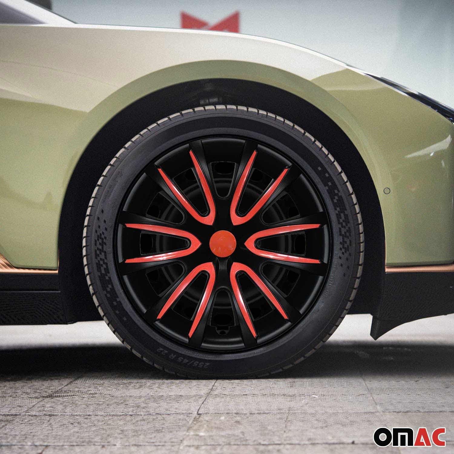 OMAC Lot de 4 enjoliveurs 16" compatibles avec voiture - En Pa66 M20 + matériau ABS PP - 1 jeu (4 pièces) - Noir/rouge mat - Avant et arrière