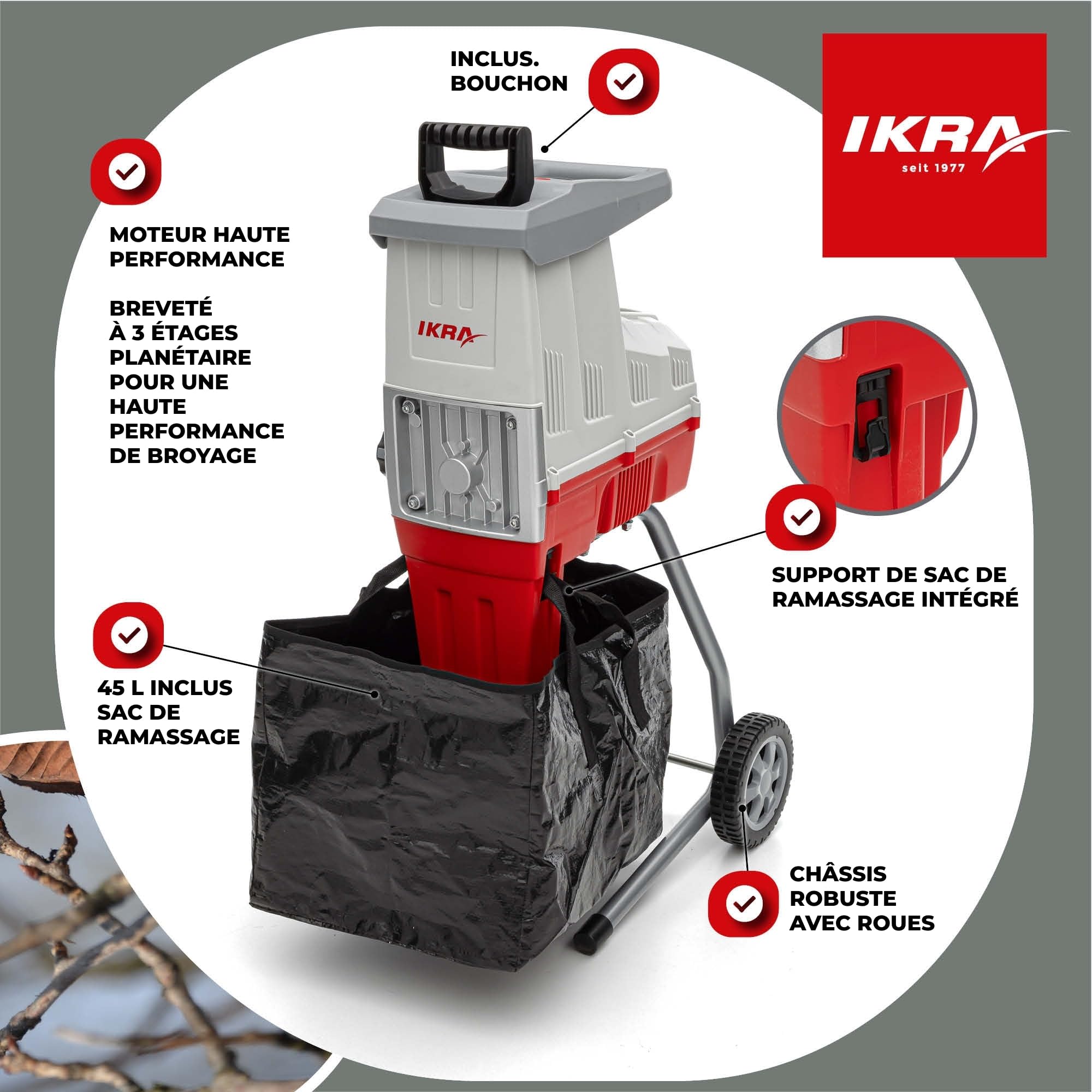IKRA broyeur électrique à rouleaux ILH 3000S, diamètre des branches 44 mm | Silencieux, robuste, nécessitant peu d'entretien, puissant 3000 watts, alimentation automatique des branches