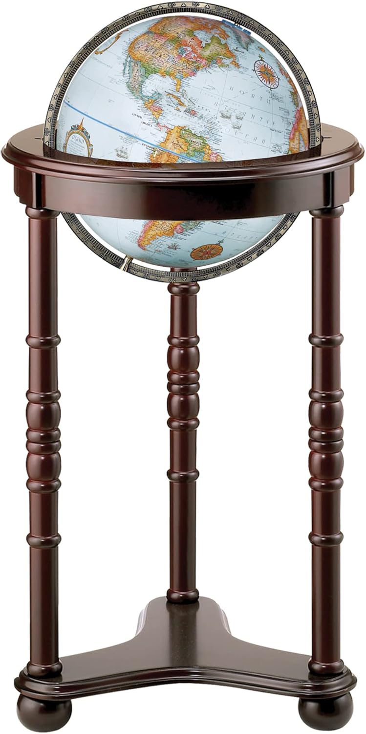 Lancaster Floor Globe by Replogle - Cherry Wood Stand & Blue Ocean Globe with USA Cartography & Mountain Relief