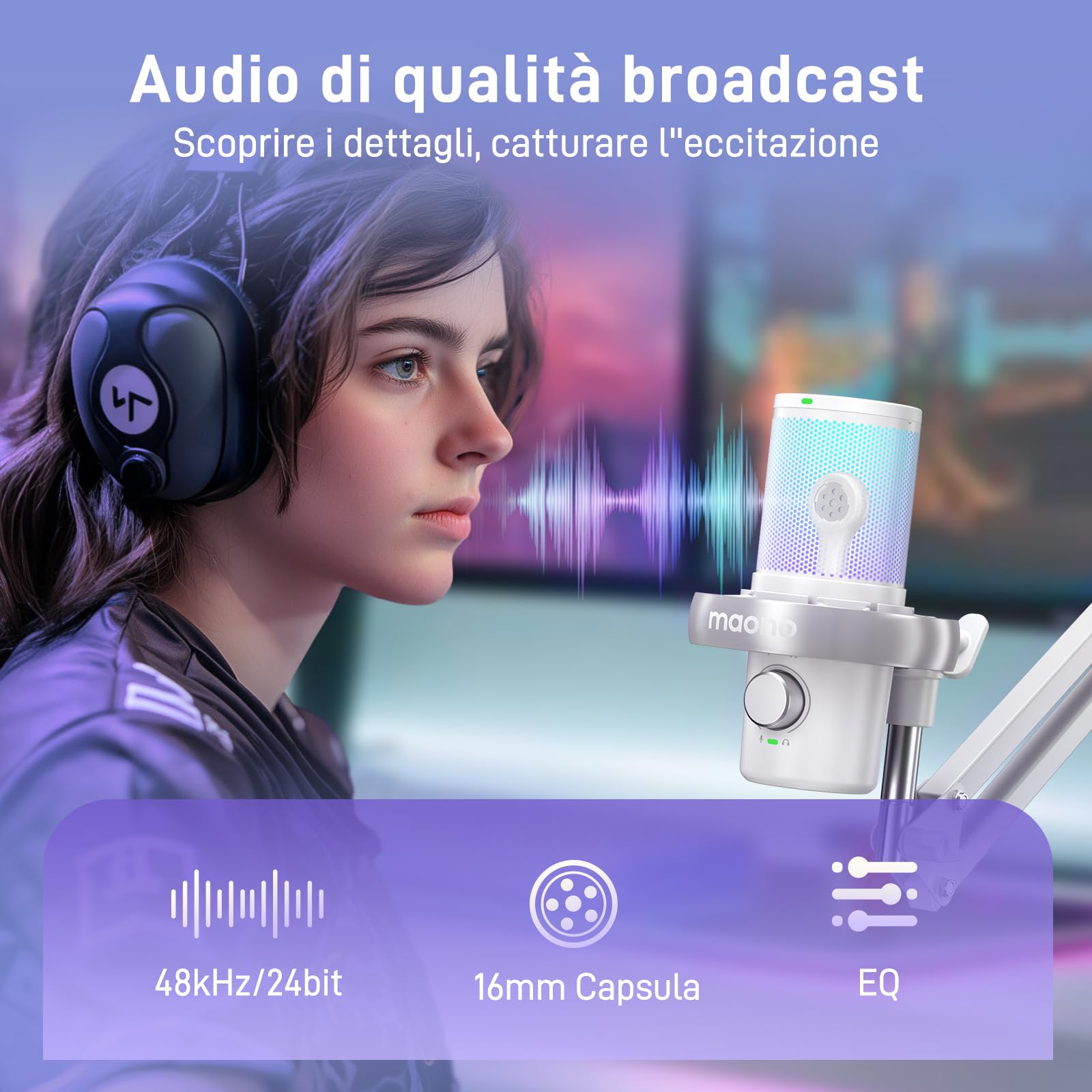 MAONO Microfono Wireless per PC, Microfono PC con Software di Cambiavoce Vocale IA, Cancellazione del Rumore a 3 Stadi, Luce RGB Personalizzata, per Gioco, Podcasting, Streaming, DM40 Pro Bianco