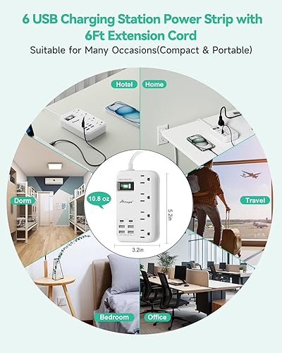 Vista 21 de Alitayee Regleta de alimentación de viaje portátil USB C con 3 tomas, 3 puertos USB, carga rápida, extensor de salida USB extensible con enchufe