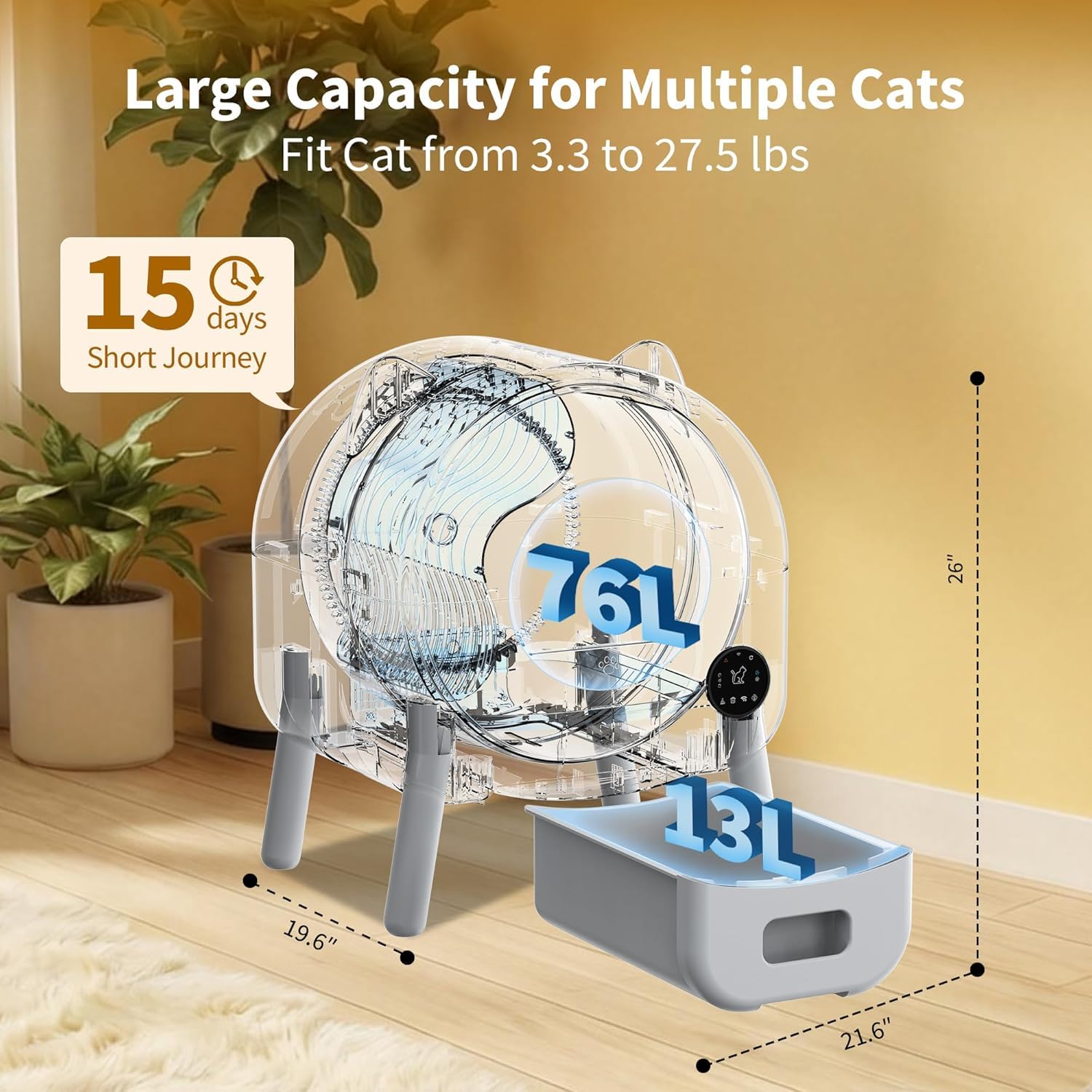 Arenero Autolimpiable para Gatos 66L, Caja De Arena Automática Inteligente con Control por App, Sensores De Seguridad Anti-Atrapamiento, 6 Luces Ambientales Ajustables, Bajo Ruido