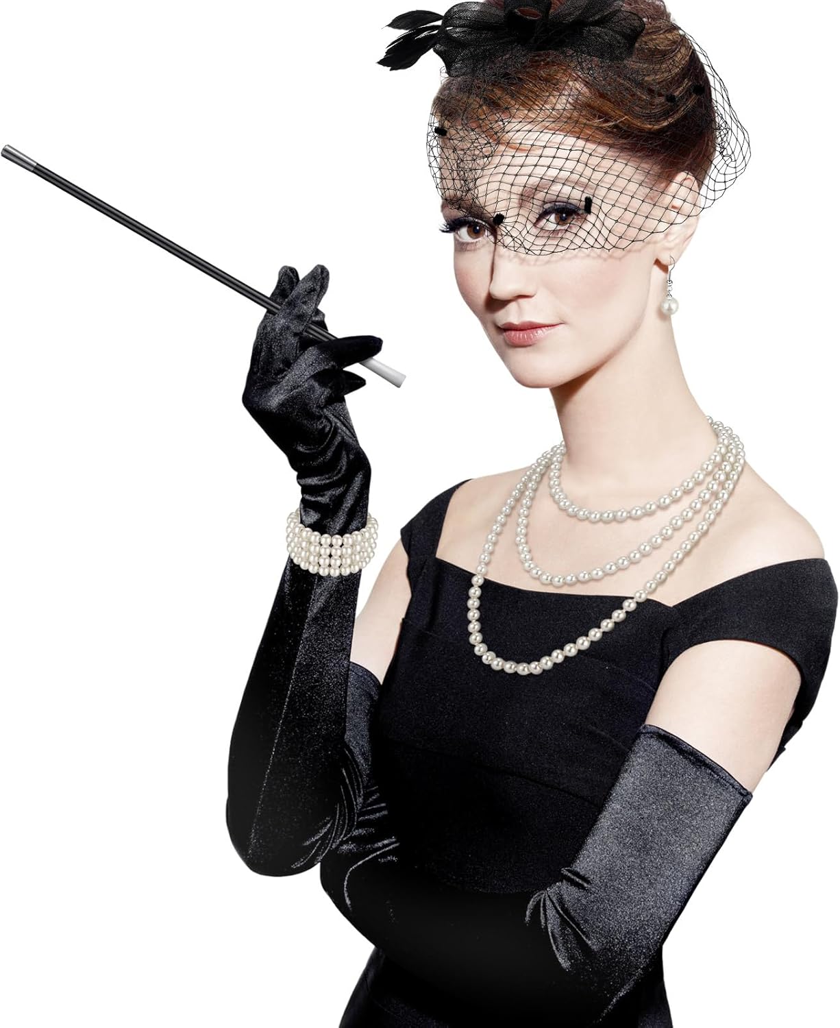 Xaatren Tea Party Costume Accessories Set Black Funeral Hat with Veil Fan and Satin Gloves for Halloween Women Costume
