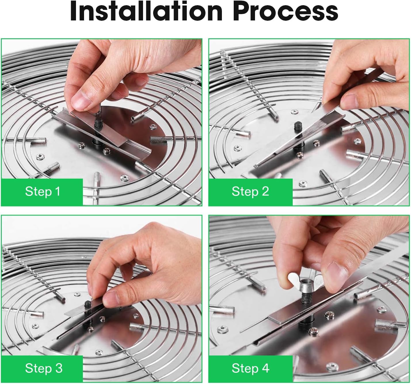 Four-step visual guide demonstrating how to install the replacement blade into a VIVOSUN bowl trimmer.