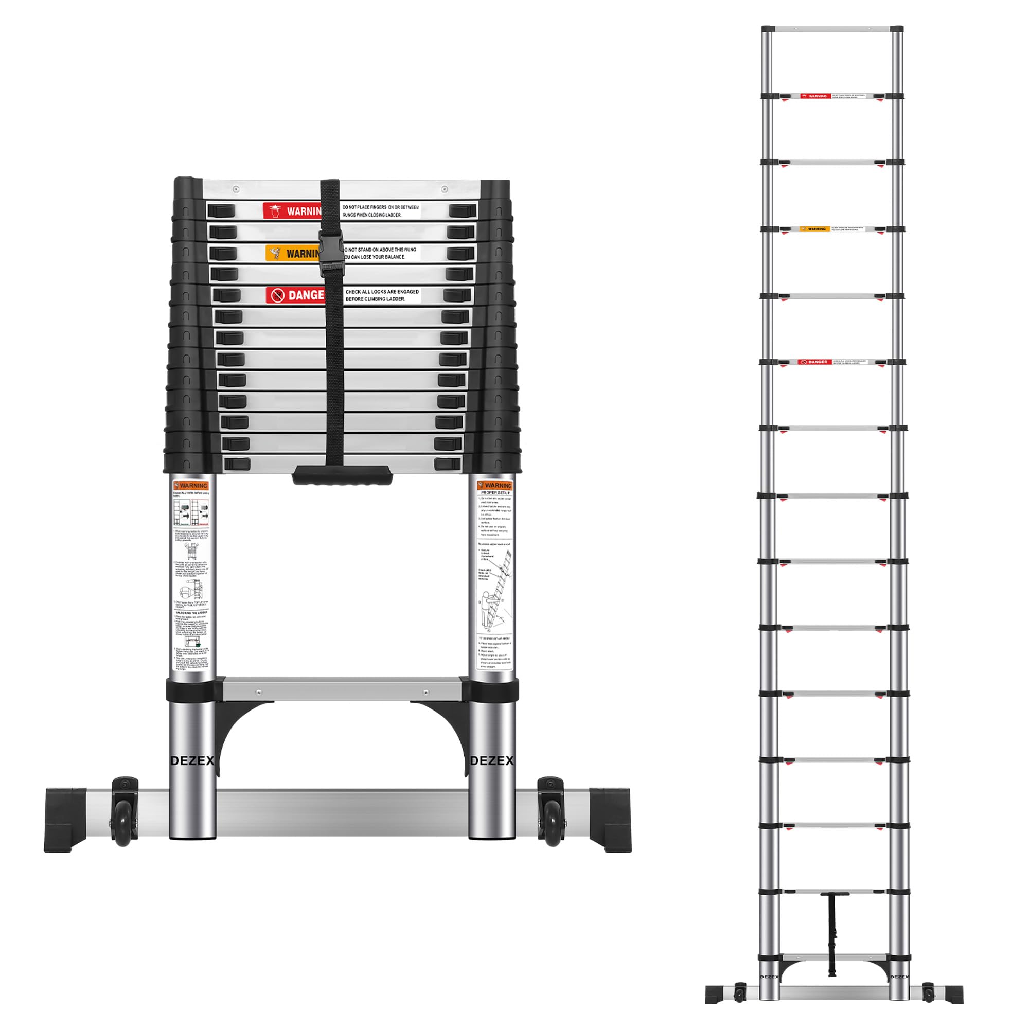 16.5 FT Telescoping Ladders Stainless Steel Telescopic Ladder - Multi-Button Retraction Collapsible Ladder for Home,RV,Loft, Lasts 375 LBS with 2 Triangle Stabilizers,Balance Bar and Wheels