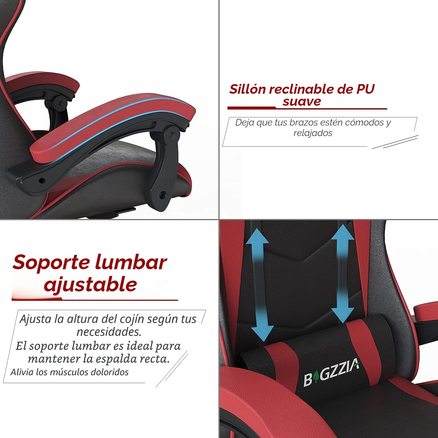 Bigzzia Silla Gaming,Silla Ergonómica de Oficina en Cuero PU,Regulable en Altura con Soporte Lumbar y Reposacabezas,Respaldo Reclinable 155°,Silla Gamer Adulto Niño(Rojo)