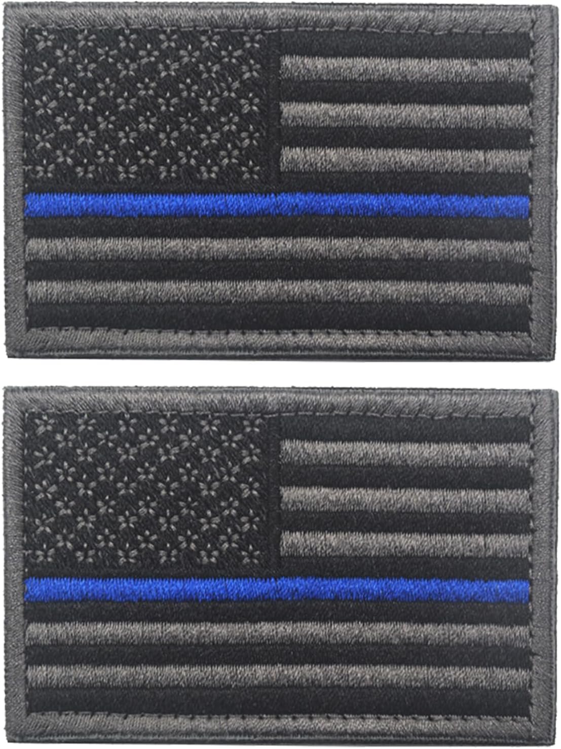 2PCS USA American Flag Thin Blue Line Patch Embroidered Morale Patch Hook and Loop Applique Fastener(Blue Line Dark Grey)