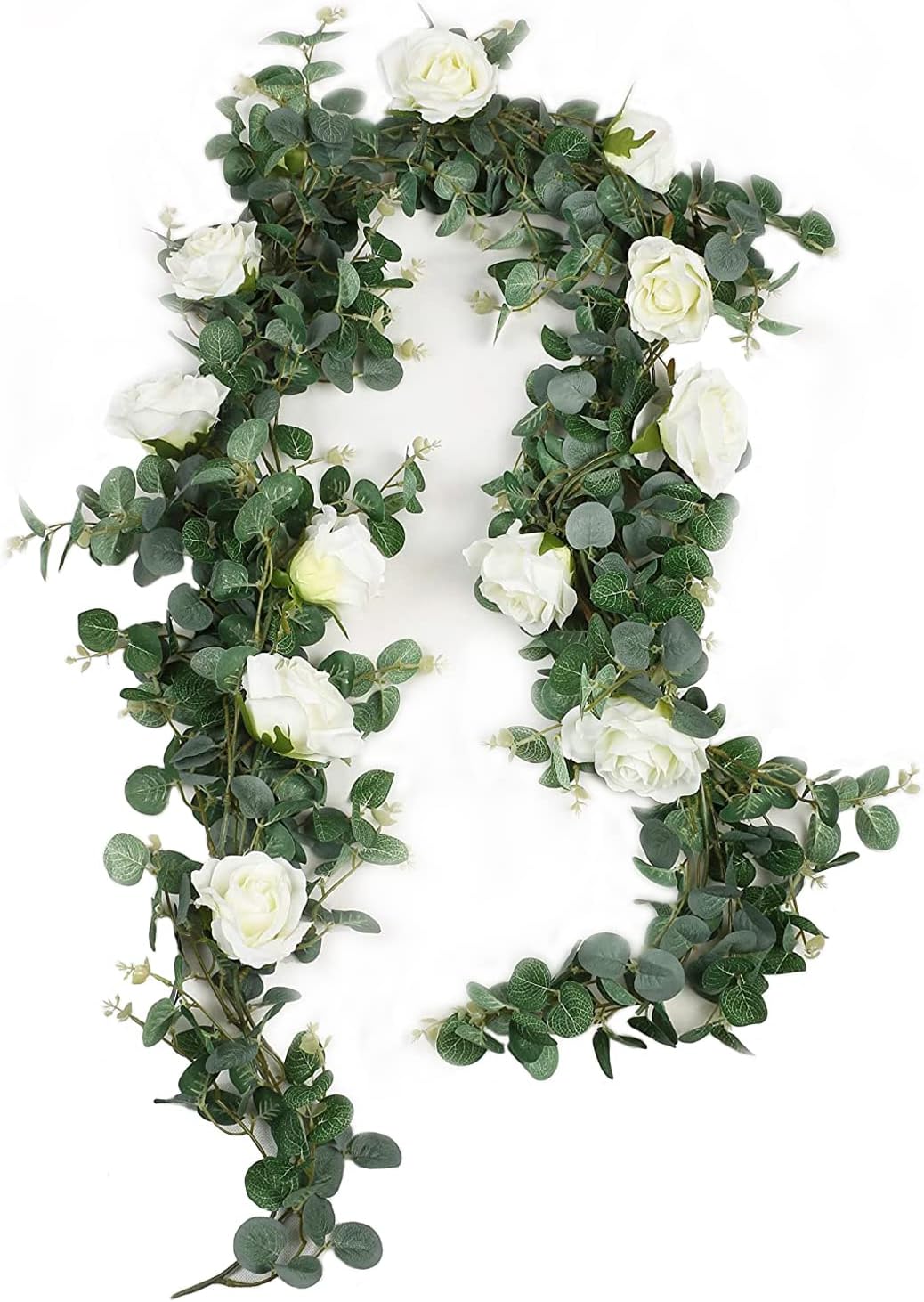 Famibay Artificial Eucalyptus Garland with Roses 1Pc 5.9Ft Greenery Garland Eucalyptus Leaves for Table Wedding Arch Backdrop Wall Decor