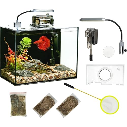 2 Gallon Glass Fish Tank with Filter LED Light Complete Aquarium Starter Kit for Betta, Shrimp, Nano Fish Rimless Small Aquarium with Everything Included