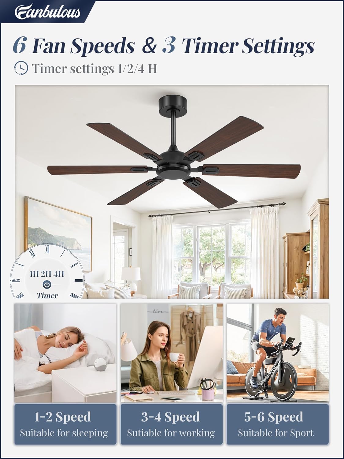 Fanbulous 52 Inch Ceiling Fans No Light with Remote, Modern Ceiling Fan Without Light, Dual Finish 6 Blades, Reversible Quiet DC Motor, 6 Speed, Large Ceiling Fan for Indoor or Covered Outdoor, Black - Image 3