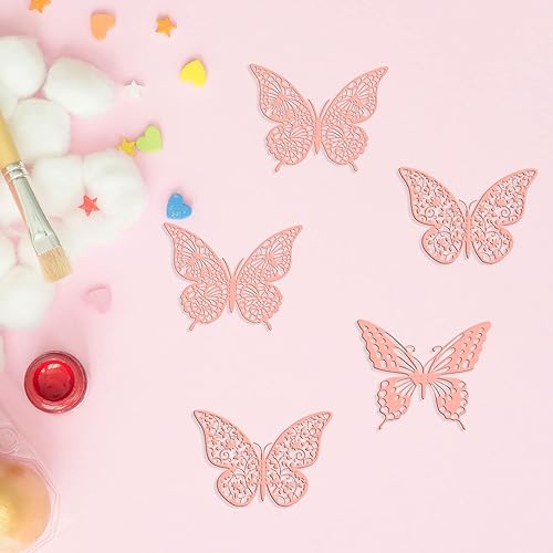 Miniatura 4 de Gyufise Paquete de 36 adornos de mariposa 3D con purpurina rosa para cupcakes, decoración de pastel de mariposa hueca para cumpleaños, boda, fiesta