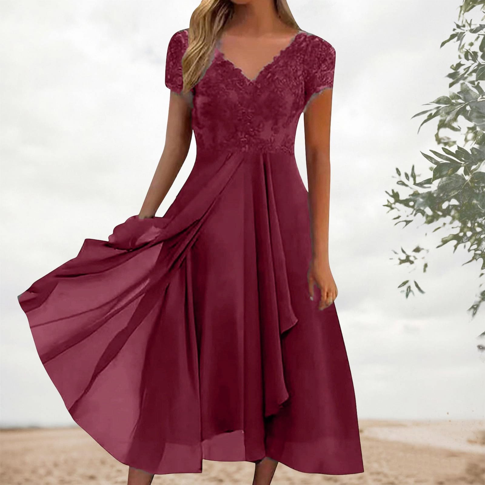 Vestidos de playa con cuello en V para mujer, vestidos casuales de verano 2026, de manga corta, a la moda, para primavera, vestido de gasa con bloques de color, ropa de vacaciones, modesta boda