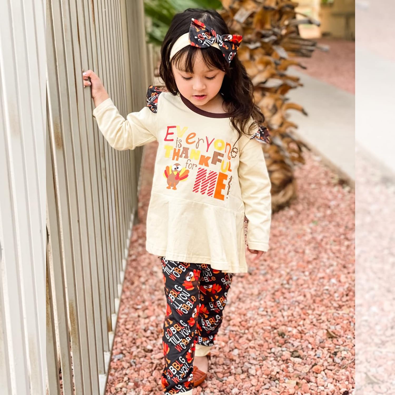 HINTINA Toddler Baby Girl Thanksgiving Outfits Ruffle Turkey Dress Top Pants Headband 3PC Fall Winter Clothes Set - Image 3