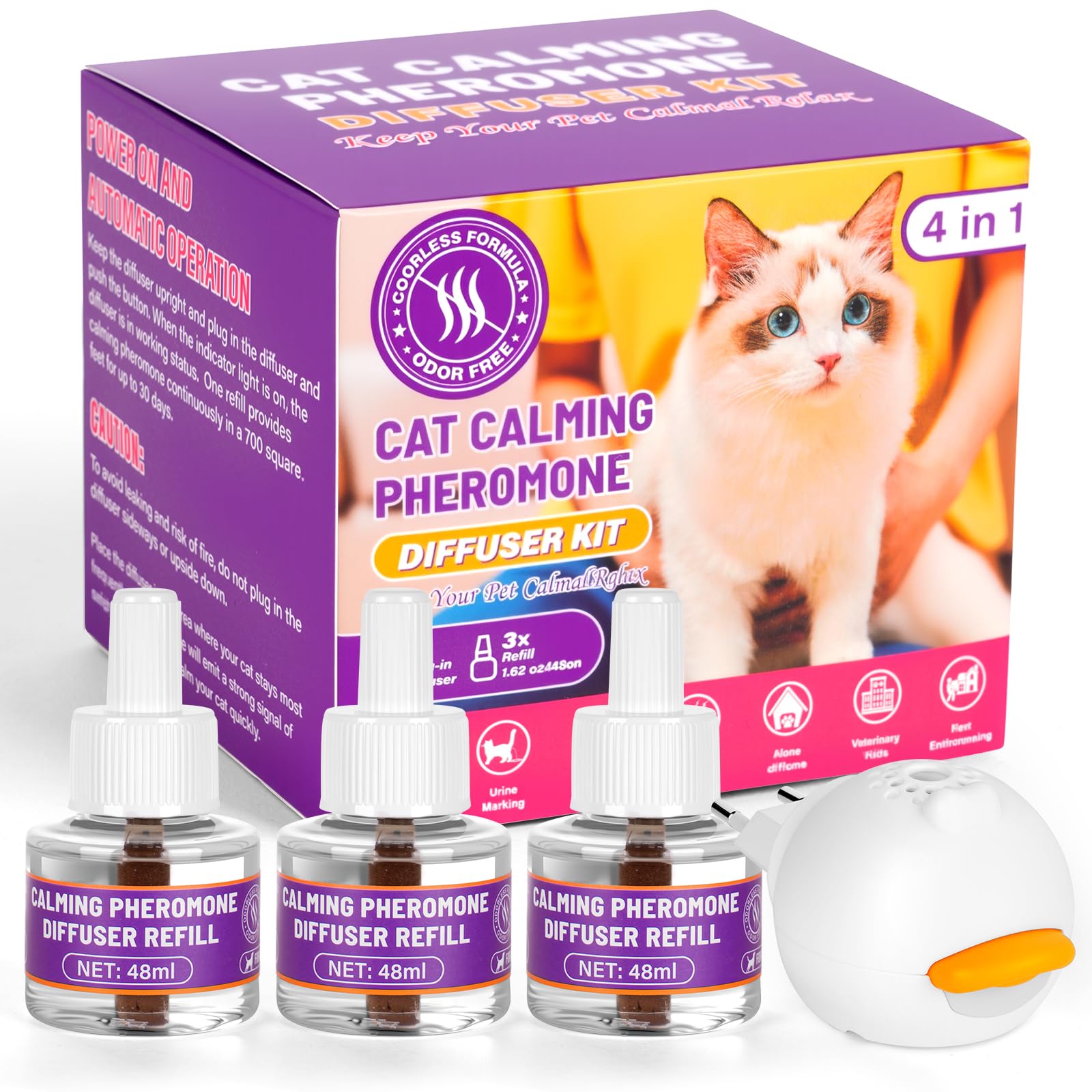 OSDUE 3x30 Tage Vorteilspack für Pheromon Verdampfer, 1 Stecker + 3x48ml Refills Pheromon Diffusor für Katzen, Spray gegen Stress, Hilft Anzeichen von Stress bei Katzen und Kitten zu reduzieren