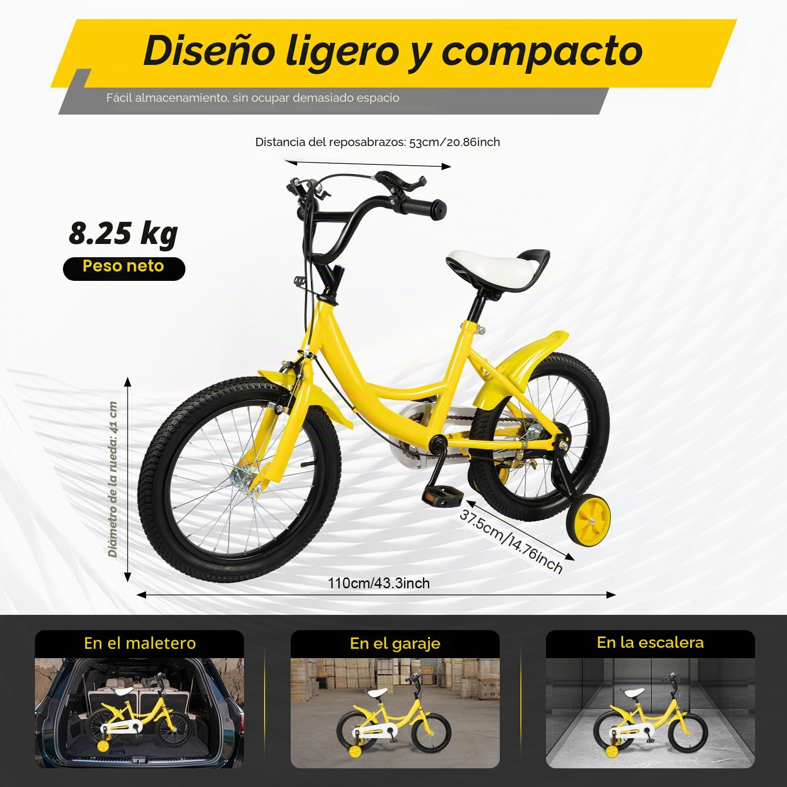 Bicicleta infantil de 16 pulgadas, universal, para niños y niñas, ajustable con guardabarros y cubierta de cadena, neumáticos amortiguadores, amarillo, acero al carbono, a partir de 5-8 años