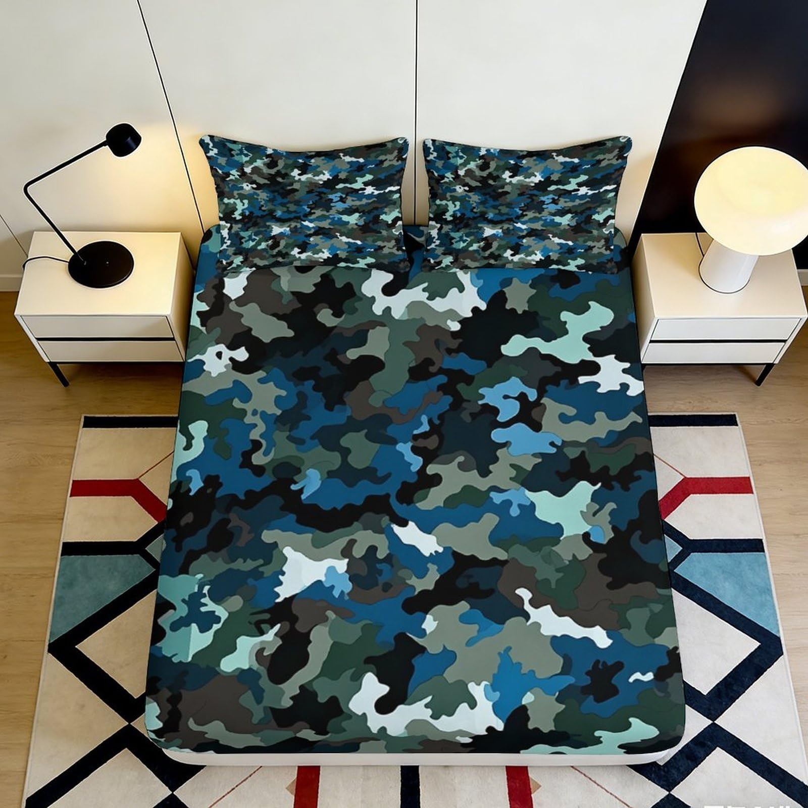 3D Printed Blue Camouflage Fitted Sheet Microfiber Soft Breathable Army Pattern Mattress Cover for Bedroom Dorm Mattress Protection Decor 140x200x25cm