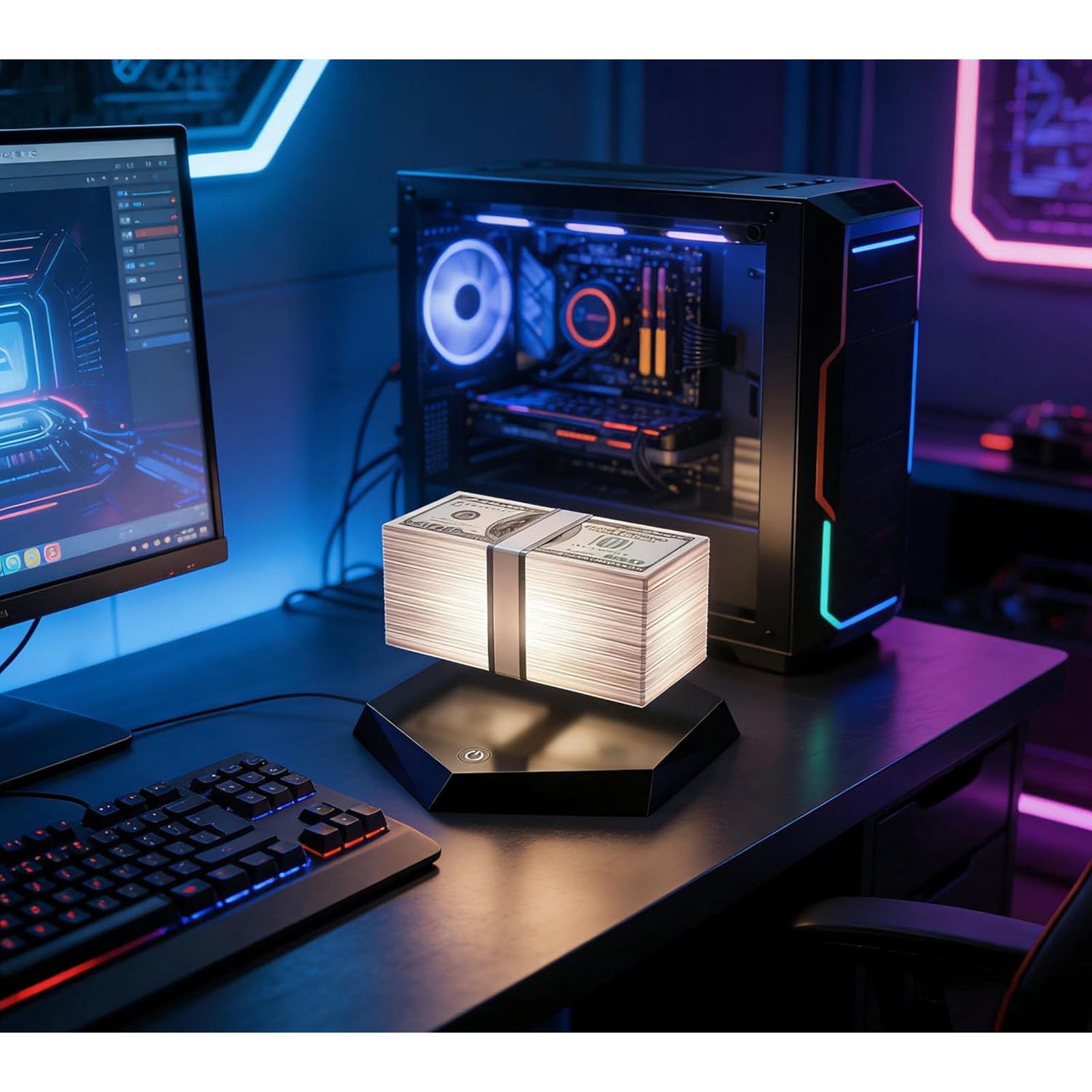 Lampada di denaro galleggiante,3D magnetica levitazione dollaro lampada con 3 colori LED luce, 360° rotante, Gadget scrivania per arredamento ufficio sala giochi, per gli amanti della tecnologia