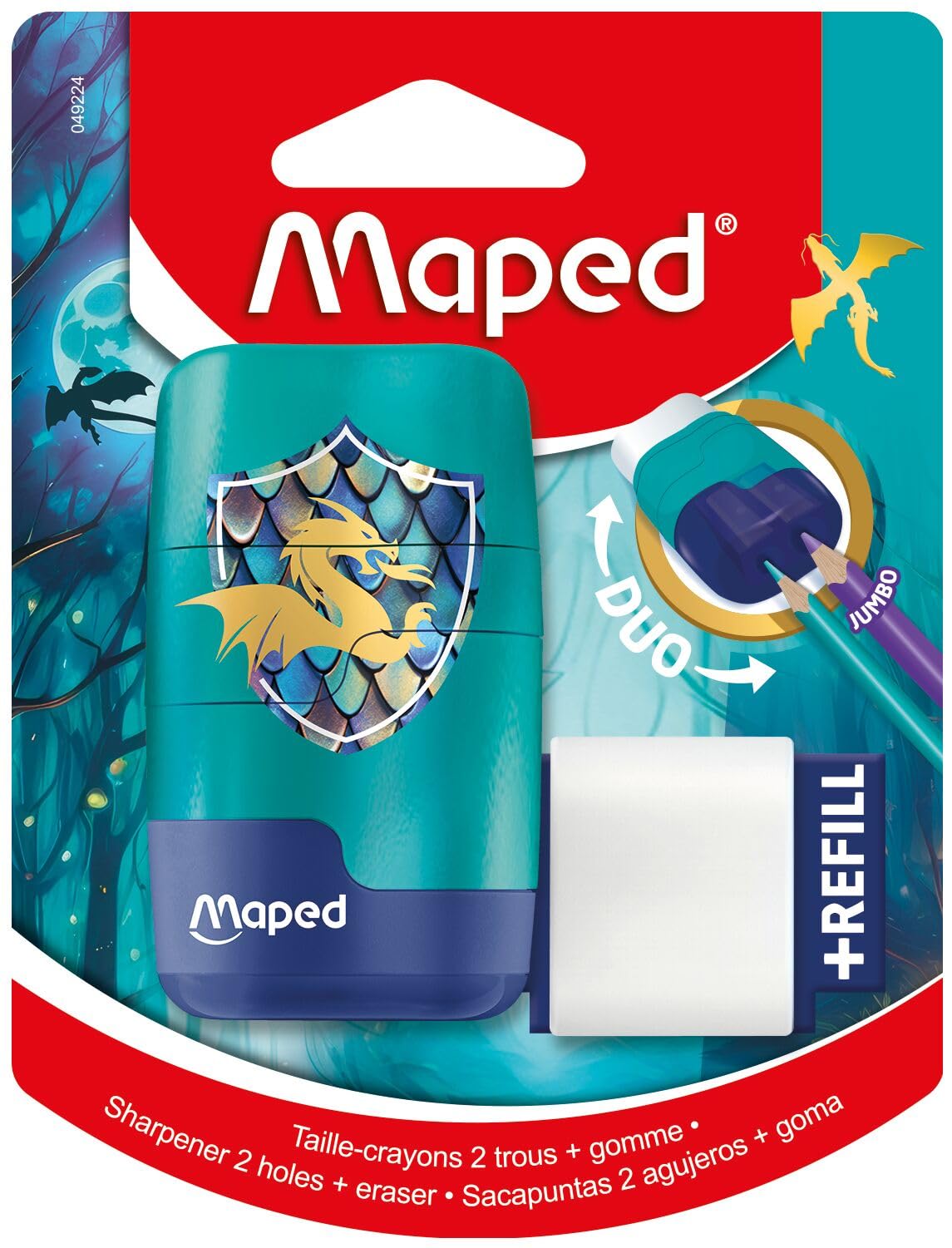 Maped - Duo Dragon 2-in-1 Pencil Sharpener - 2-Hole Pencil Sharpener + Eraser - PVC and Phthalate Free - with Eraser Refill