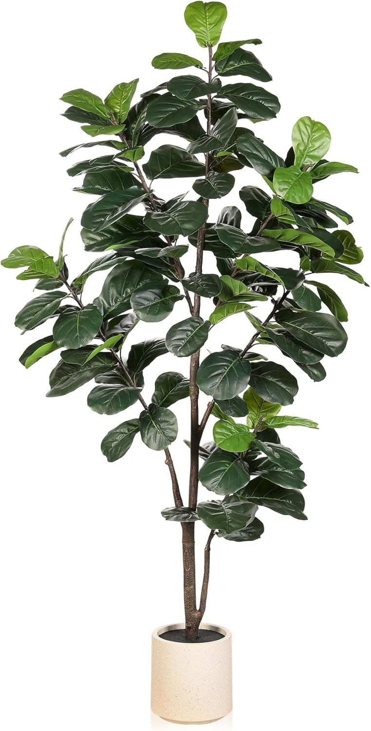 Fiddle Leaf Fig Tree Artificial - 6ft Faux Fiddle Leaf Fig Tree with White Planter - Fig Tree Artificial with Lifelike Leaves for House Office Living Room Indoor Home Decor