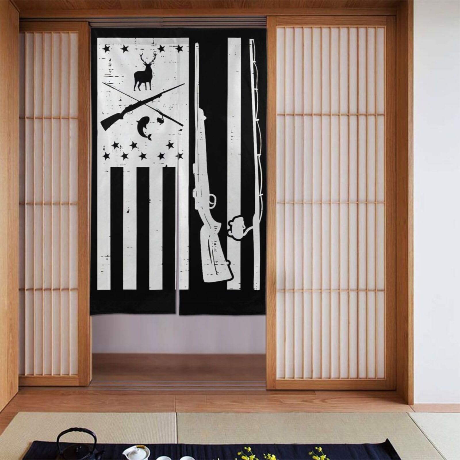 Lukiyys Vintage Patriotic US Flag with Gun Fishing Fish Deer Hunting Door Curtains,Doorways Curtains for Windows,Bedroom Divider 34"X 56"