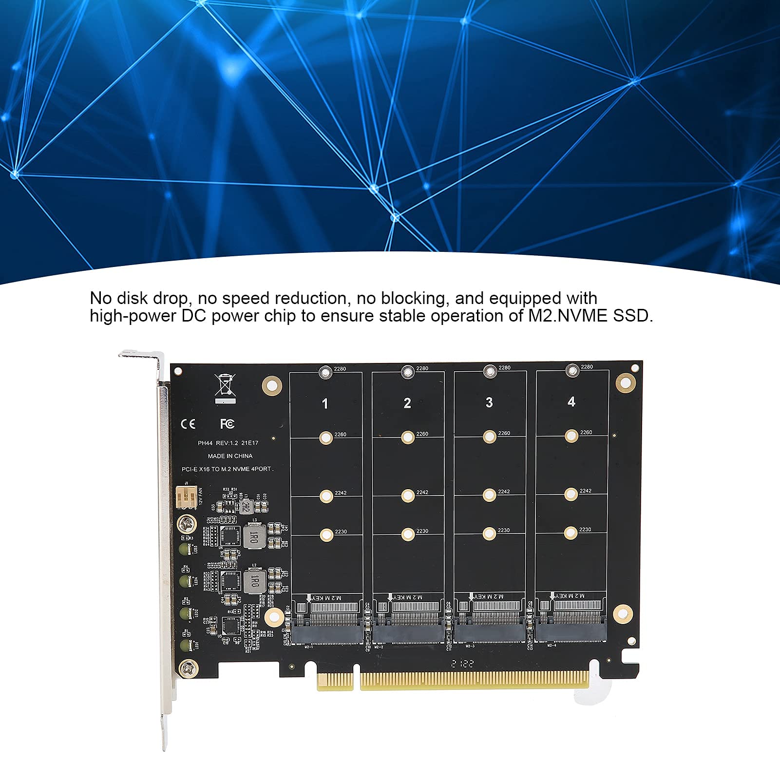 Quad M.2 NVMe SSD PCI-E 4.0 X16 Adapter, Haute Vitesse 4x32Gbps Soft RAID Carte avec LED Individuel Support 2230 2242 2260 2280