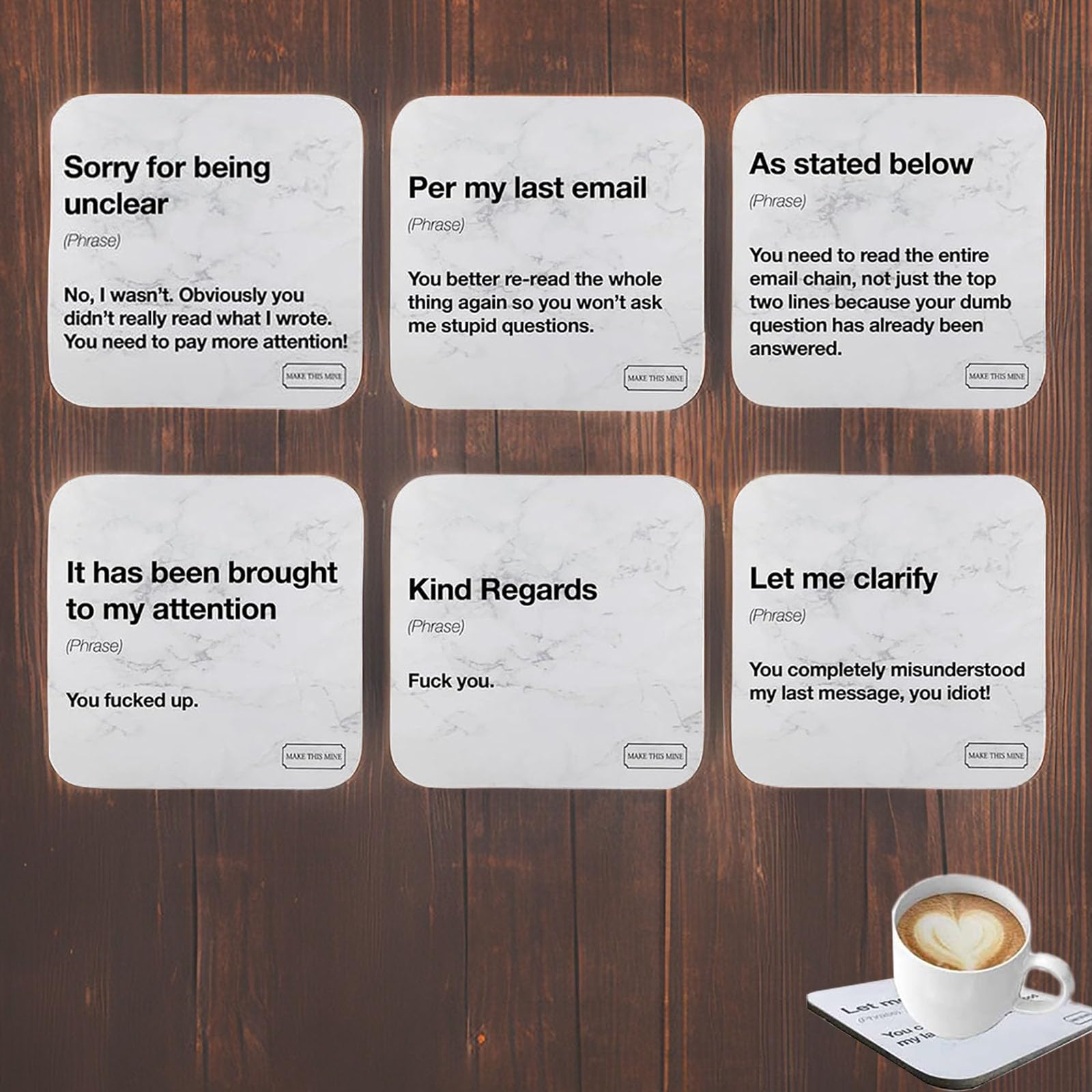 GZDcjscFunny Office Email Definitions Coasters - Set of 6, Non-Slip Square Drink Coasters, Funny Square Coffee Drink Coasters, 3.5"x 3.5" Non-Slip Square Drink Coasters/337