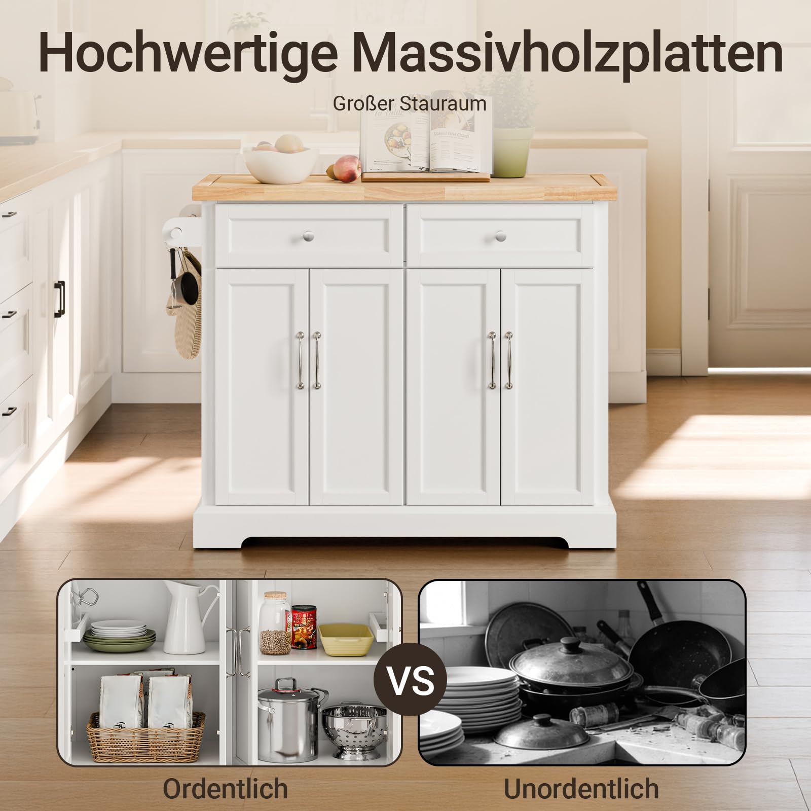 SoBuy Kücheninsel mit Rollen Küchenwagen mit Arbeitsplatte Klappbar Mobile Kücheninsel auf Rollen Kochinsel Freistehend mit Tisch Weiß 115x92x(46-71) cm FKW71-III-WN