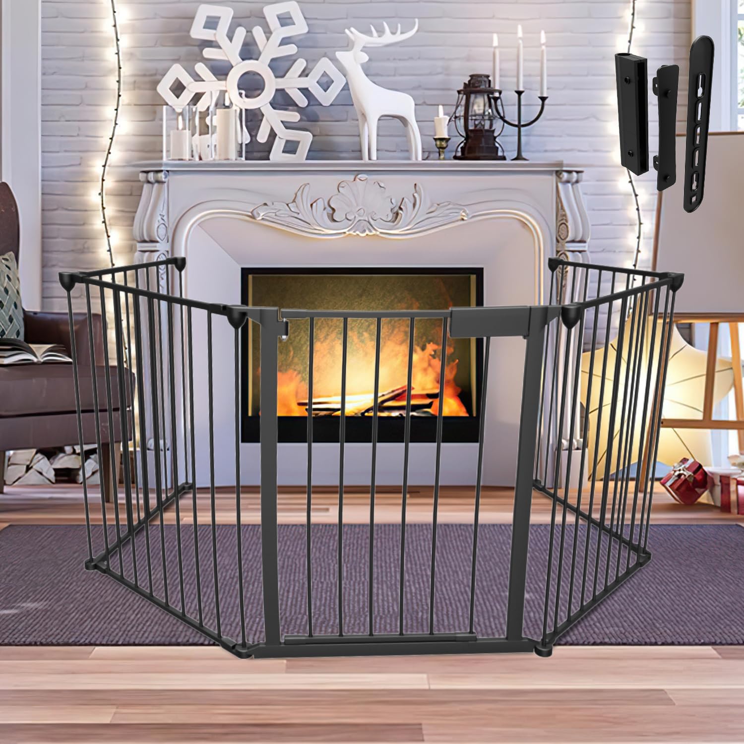Rejilla protectora para chimenea con puerta, 310 cm, protección animal y seguridad infantil, incluye 5 elementos, parque plegable, color negro