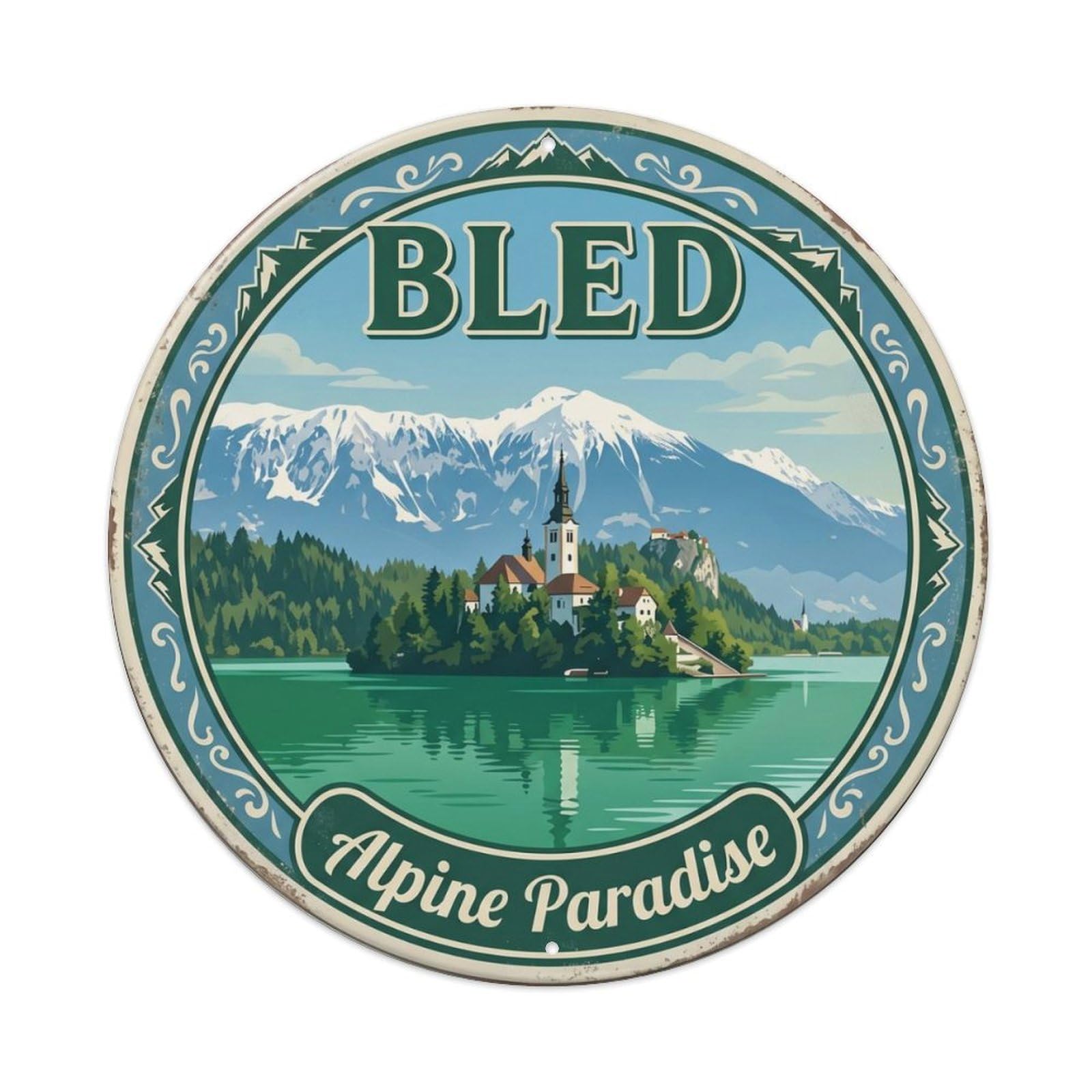 Vintage Travel Bled Slovenia Island Metal Tin Sign Plaque Wall Decor for Cafe, Club, Garden Round Metal Poster 8x8Inch