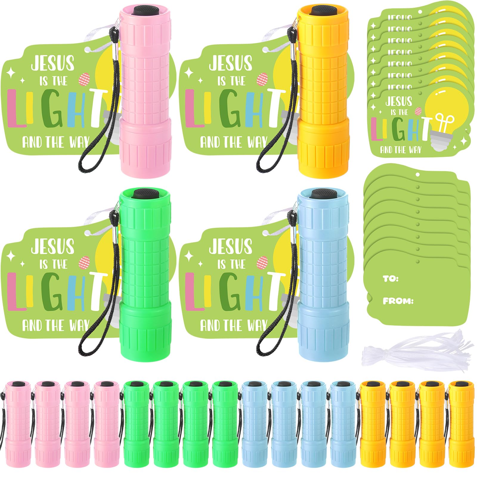 Glooglitter Set di 20 biglietti religiosi cristiani e 20 mini torce colorate per riempire cestini pasquali VBS vacanze, bibbia, scuola, eventi, riunioni in chiesa