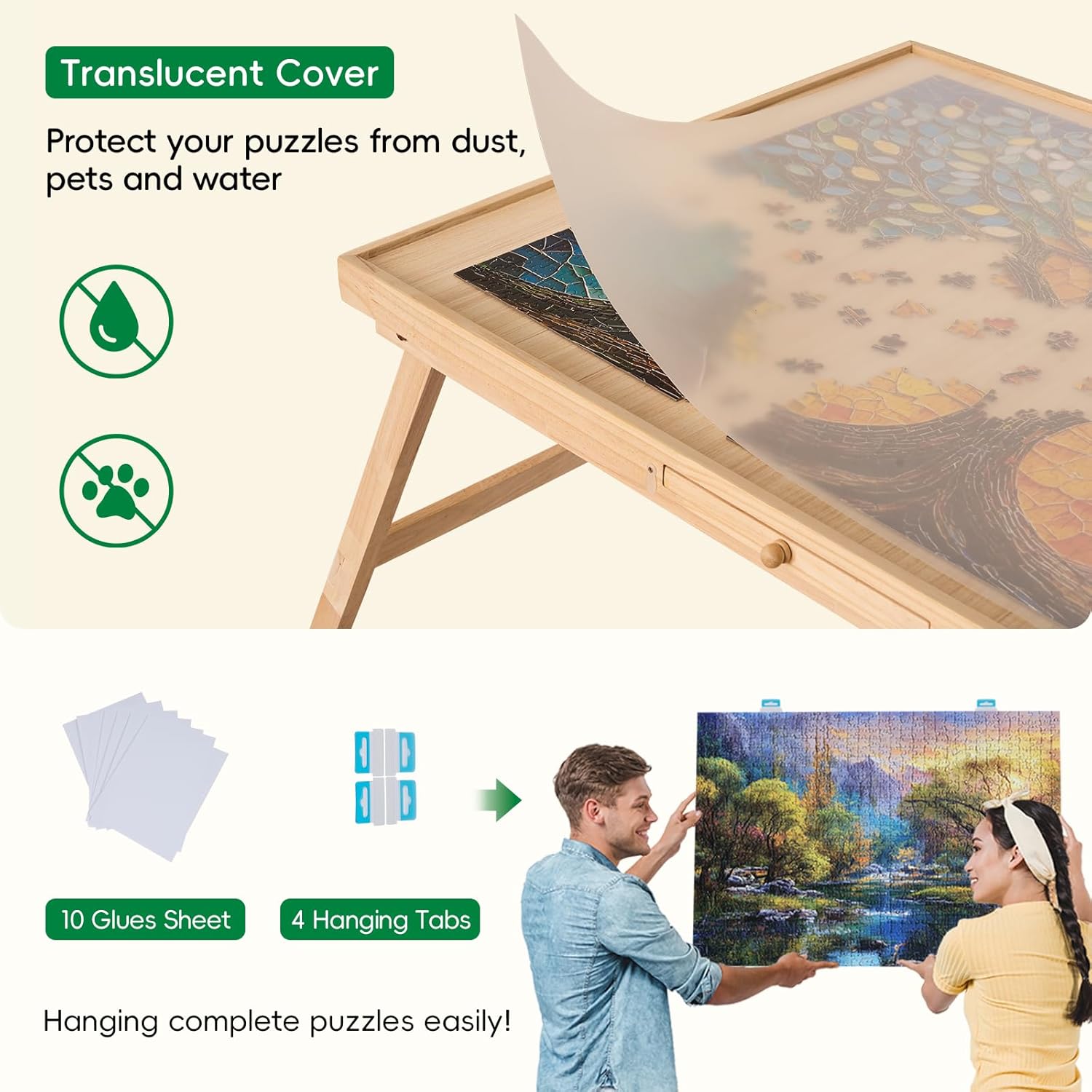TEAKMAMA 1500 Pieces Puzzle Table 27.6" H Tall Puzzle Board with Drawers, 34.2" x 26.5" Wood Folding Jigsaw Table with Legs and Cover, Jigsaw Board for Adults, Nature