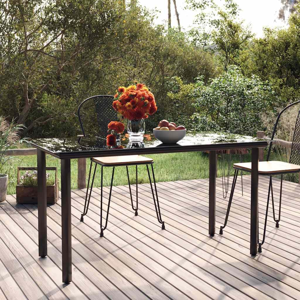 Mesa de comedor de jardín negra 200 x 100 x 74 cm, acero con recubrimiento en polvo y vidrio templado, mesa de jardín para terraza, balcón, jardín, patio, porche, resistente y fácil de limpiar